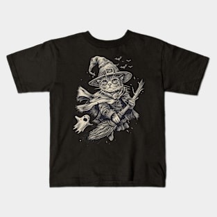 Vintage Halloween Witch Cat Broom Kids T-Shirt